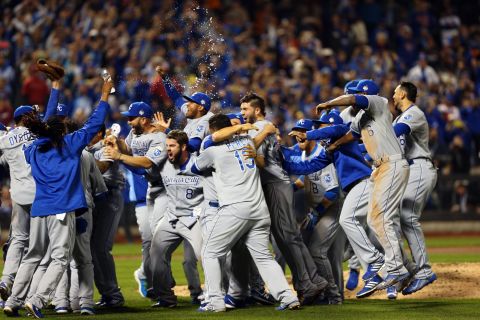 The Kansas City Royals celebrate after defeating the New York Mets 7-2 to win the World Series in New York on Monday, November 2. 