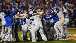 The Kansas City Royals celebrate defeating the New York Mets to win the World Series.