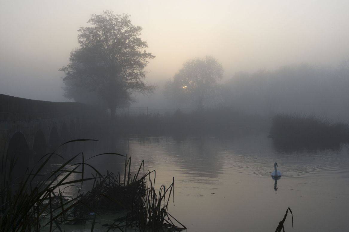 A swan glides through the fog next to a wier on the River Trent on November 1 in Newark Upon Trent, England. 