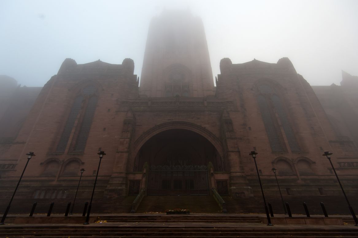 The Anglican Cathedral in Liverpool, England seems to disappear into the fog  on November 2.