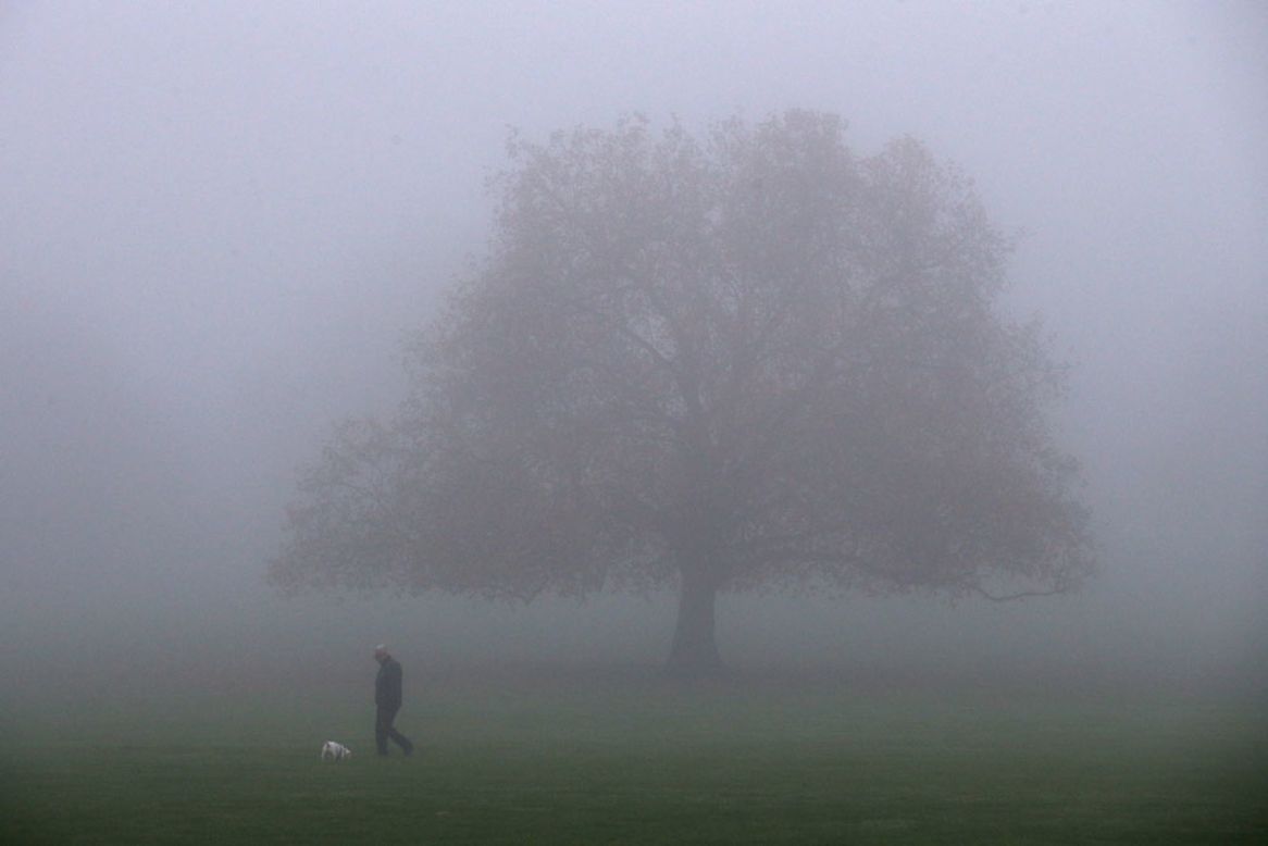 A man walks his dog walk through a park in Peckham, London on November 2.