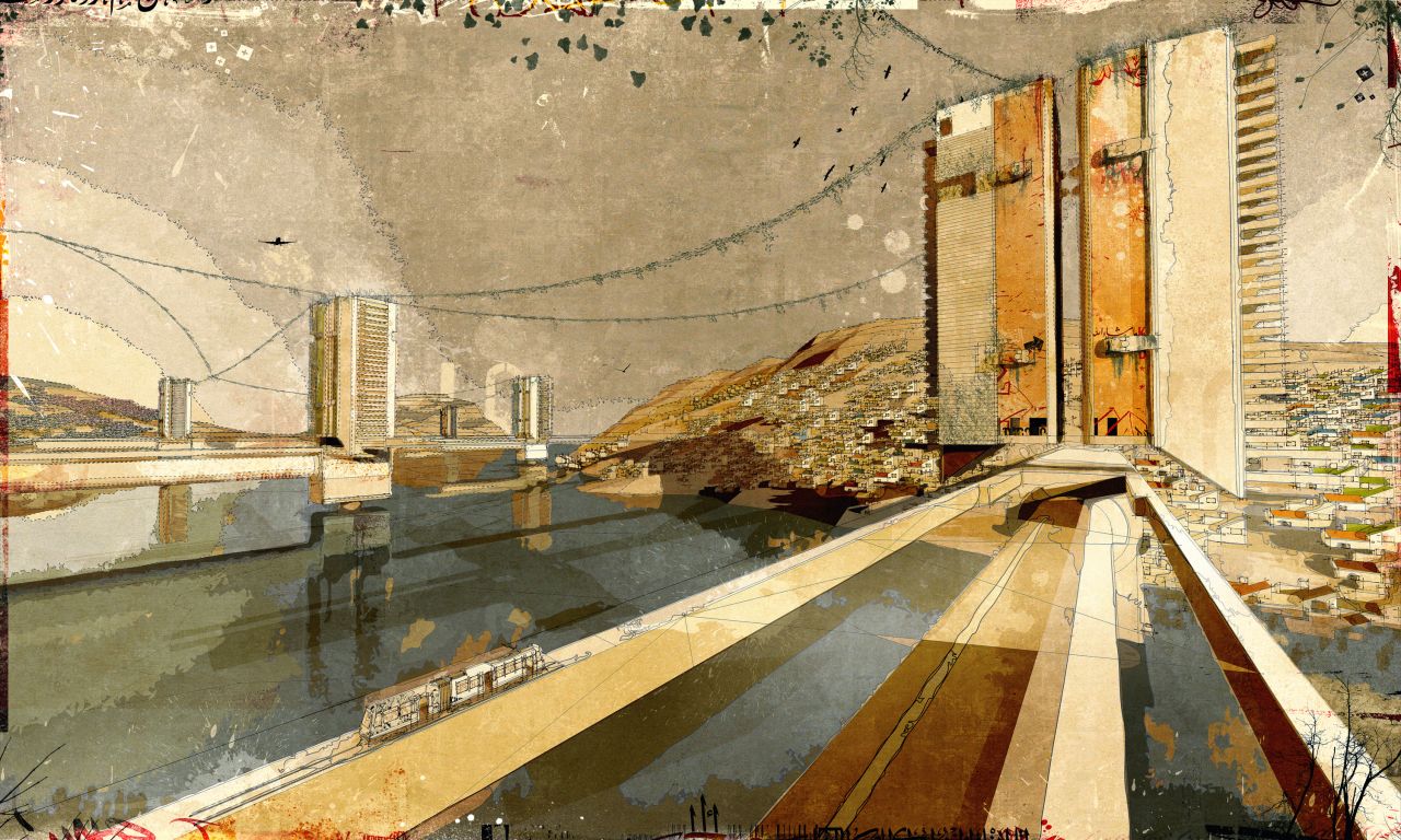 This image is by Nigerian born artist and designer Olalekan Jeyifous. It contributed to his 'Settlements and City-Strategies' exhibit, at Skoto Gallery in New York and Blanc Gallery in Chicago."The series contains abstracted planimetric drawings and eerily-serene cityscapes that suggest the changing contours of urban settlements," says Olalekan Jeyifous. He continues: "They represent an idea of a degenerate futurism, yet one might find similar typologies and scenes in places such as the favelas of Brazil and North Africa, and in overpopulated cities such as Lagos, Mexico City, and Mumbai."