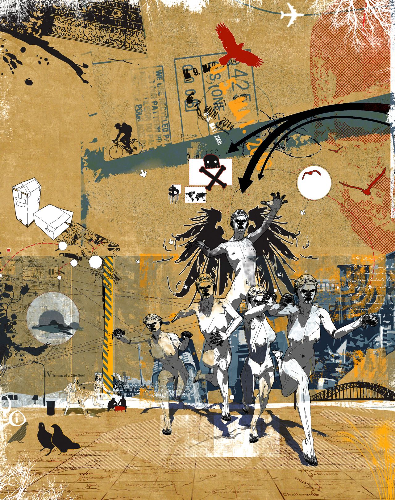 Olalekan Jeyifous says: "Though outputted digitally, the drawings possess a textured and painterly quality as a result of combining hand-drawn sketches, industrial textures, surfaces of deteriorated paper, and digital architectural models. A constant interplay between digital and analog processes is important in my work, resulting in a highly layered set of documents. The drawings presented here started out as digital images that were outputted, sketched and drawn over, and scanned back into the computer in order to be retraced, textured, and layered."