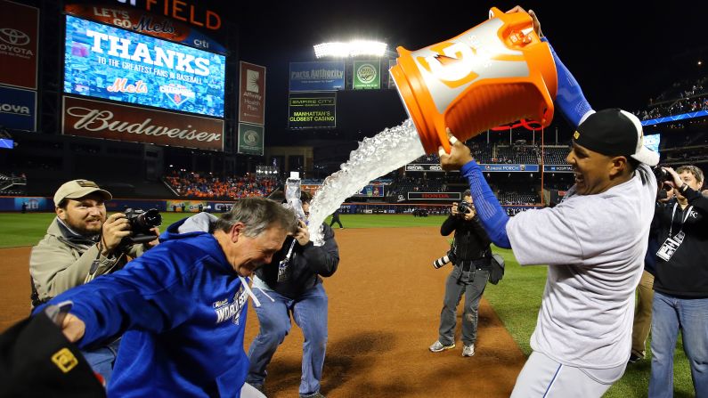 Salvador Perez douses his manager, Ned Yost, after the Kansas City Royals <a href="index.php?page=&url=http%3A%2F%2Fwww.cnn.com%2F2015%2F11%2F02%2Fus%2Fworld-series-mets-royals-game-5%2F" target="_blank">won the World Series</a> on Sunday, November 1. Perez, the Royals' catcher, was named Most Valuable Player as the Royals defeated the New York Mets by four games to one. It is Kansas City's first world title since 1985.