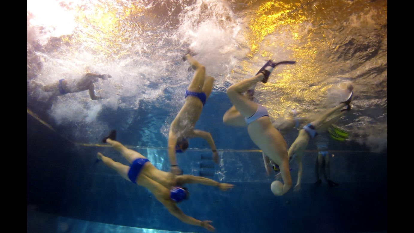 People play underwater rugby at a pool in Ceske Budejovice, Czech Republic, on Thursday, October 29.