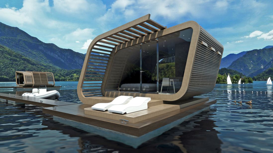 The Floating Suite is a future alternative to a traditional hotel room. It functions as a 25-square meter suite that floats on water and includes a bedroom, bathroom and outdoor space.