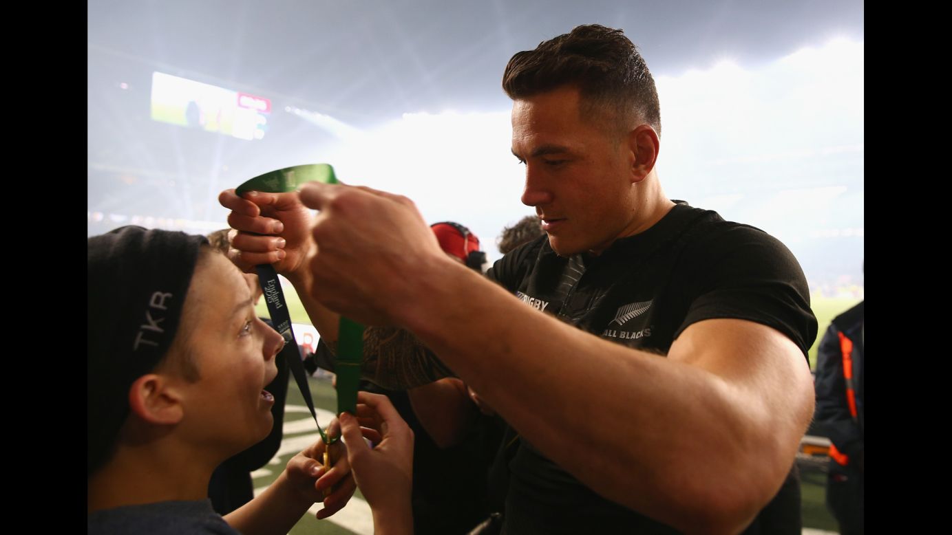 Sonny Bill Williams, a member of New Zealand's national rugby team, <a href="http://www.cnn.com/2015/11/02/sport/sonny-bill-williams-award/" target="_blank">gives his World Cup medal</a> to a teenage fan who ran onto the field after New Zealand defeated Australia 34-17 on Saturday, October 31. The young fan, 14-year-old Charlie Lines, offered to give the medal back, but Williams declined. "I think the moment got the better of him, but he was just so excited to get onto the field with the All Blacks," Williams later said. "I just thought I'd make it a night to remember for him." New Zealand has now won three Rugby World Cups, including the last two.