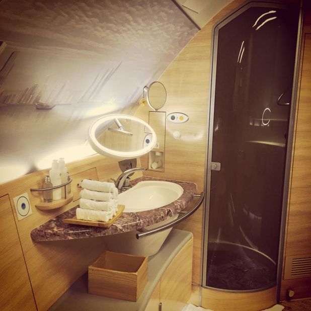 <strong>Schlappig on his... Most impressive airplane extravagance:</strong> "It's tough to beat the Emirates A380's on-board shower -- nothing makes me giggle like taking a shower on a plane," said the 25-year-old American.<br /><br />"It's pretty surreal to be at 35,000 feet, traveling 500 miles an hour, and taking a shower. The number of toiletries is enough to start its own store. And the floors are heated. It's insane," he said of this Instagram picture.