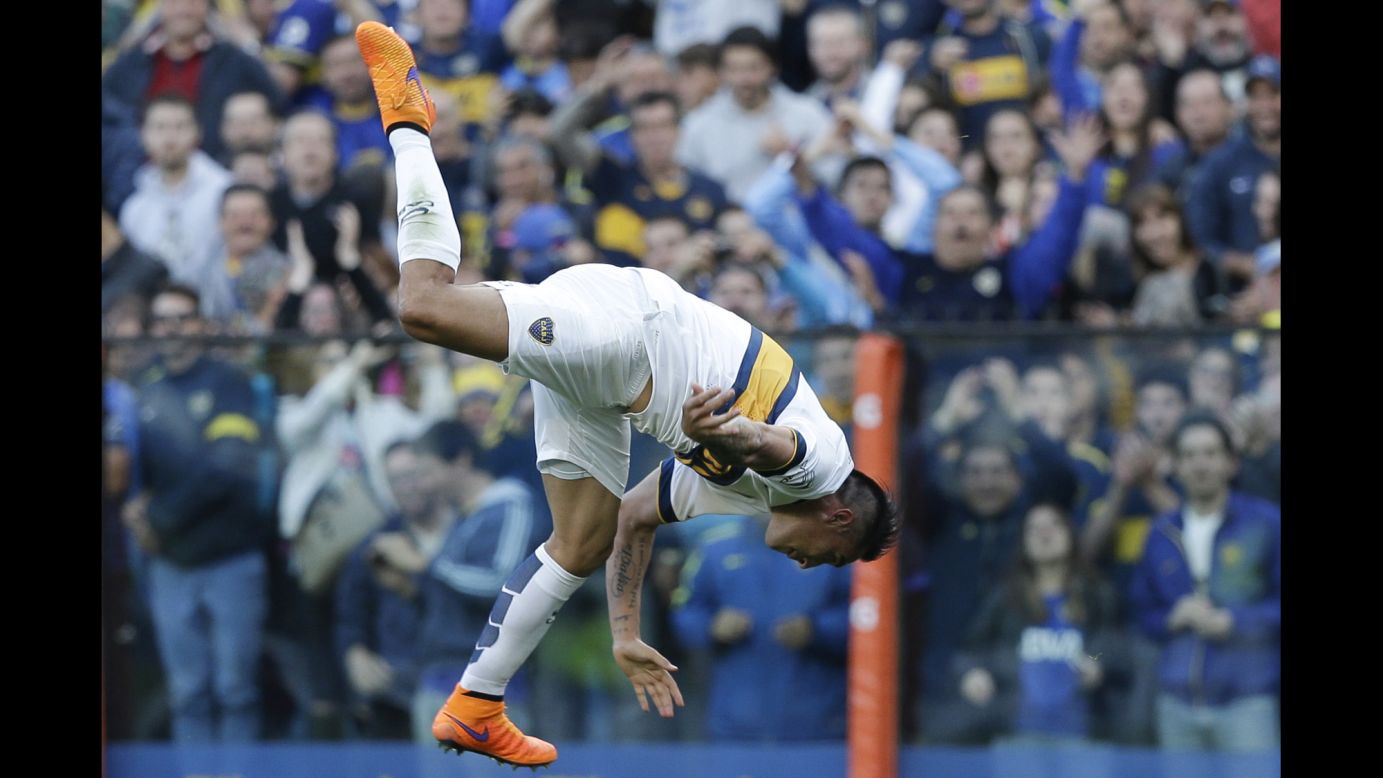 Luciano Monzon celebrates his goal that lifted Boca Juniors past Tigre and clinched the Argentine championship on Sunday, November 1. The Buenos Aires club has now won 25 league titles.