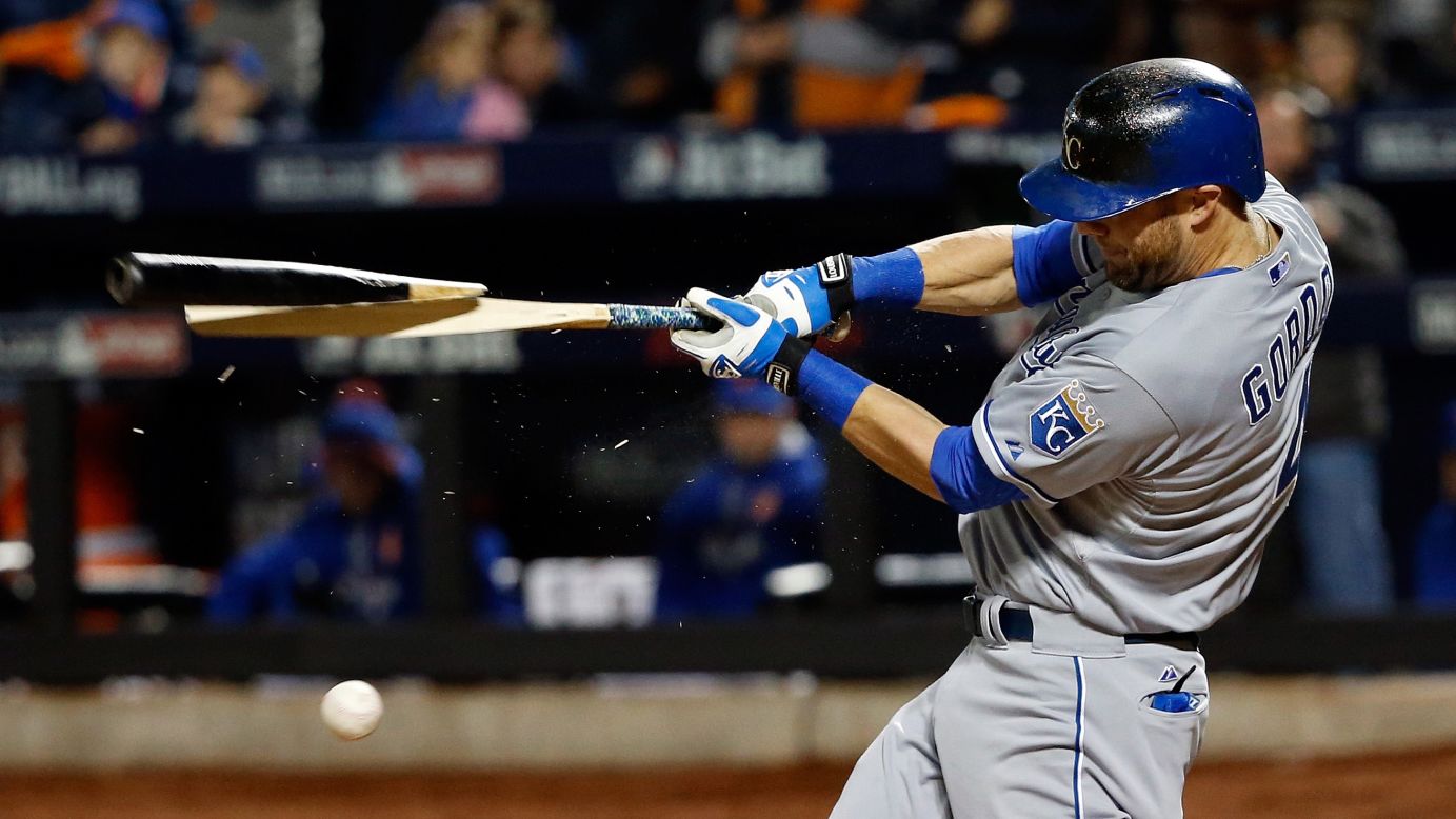 The bat of Alex Gordon breaks during Game 4 of the World Series on Saturday, October 31.
