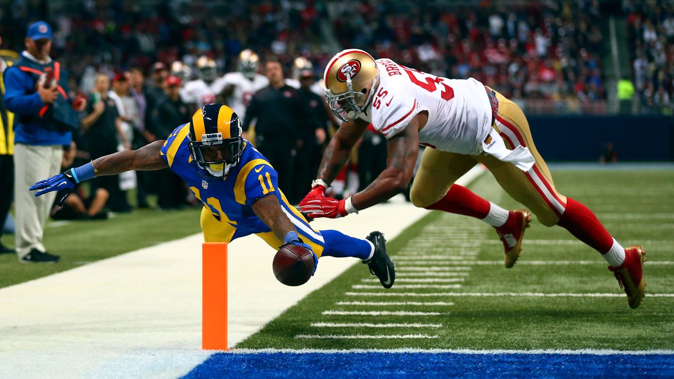 St. Louis Rams wide receiver Tavon Austin reaches for a touchdown during a home game against San Francisco on Sunday, November 1. Austin had two touchdowns in the game as the Rams won 27-6.