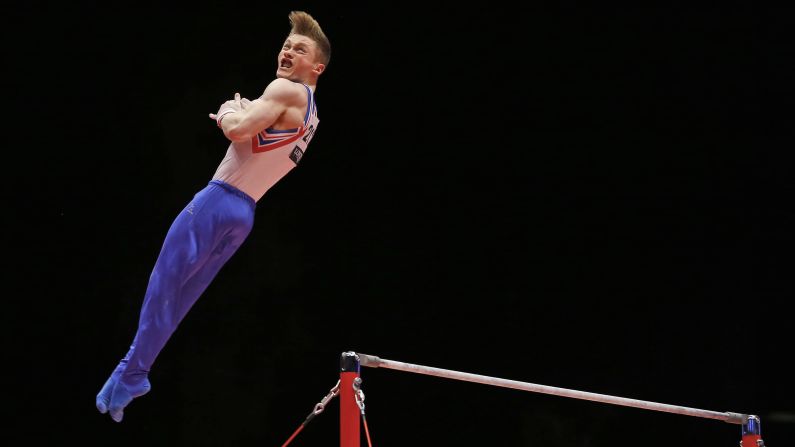 British gymnast Nile Wilson performs on the high bar during the World Gymnastics Championships on Wednesday, October 28.