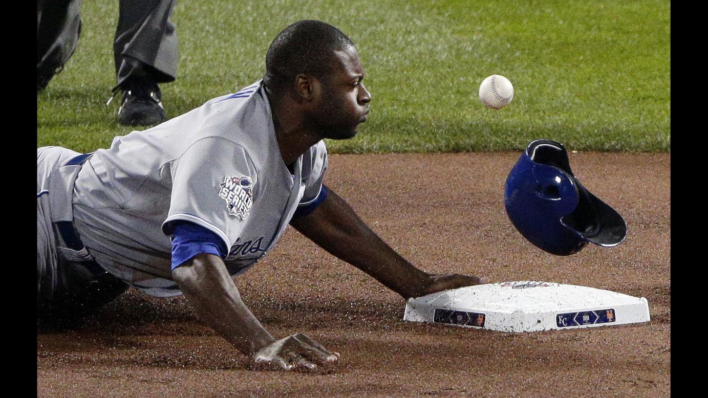 Kansas City's Lorenzo Cain steals second base during Game 5 of the World Series on Sunday, November 1.