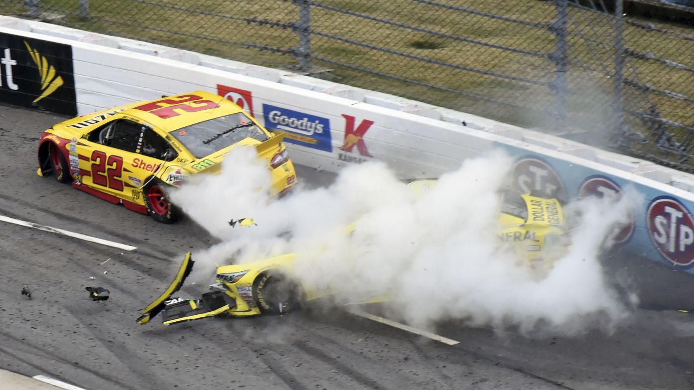 NASCAR drivers Joey Logano, left, and Matt Kenseth collide during the Sprint Cup race in Martinsville, Virginia, on Sunday, November 1. Logano was leading the race at the time and accused Kenseth of taking him out on purpose in retaliation for a wreck a couple of weeks ago. Kenseth acknowledged that the Martinsville wreck was his fault but blamed it on his car's poor handling. <a href="http://www.foxsports.com/nascar/story/matt-kenseth-joey-logano-martinsville-wreck-penske-joe-gibbs-racing-feud-kansas-chase-110115" target="_blank" target="_blank">See video of the incident</a>