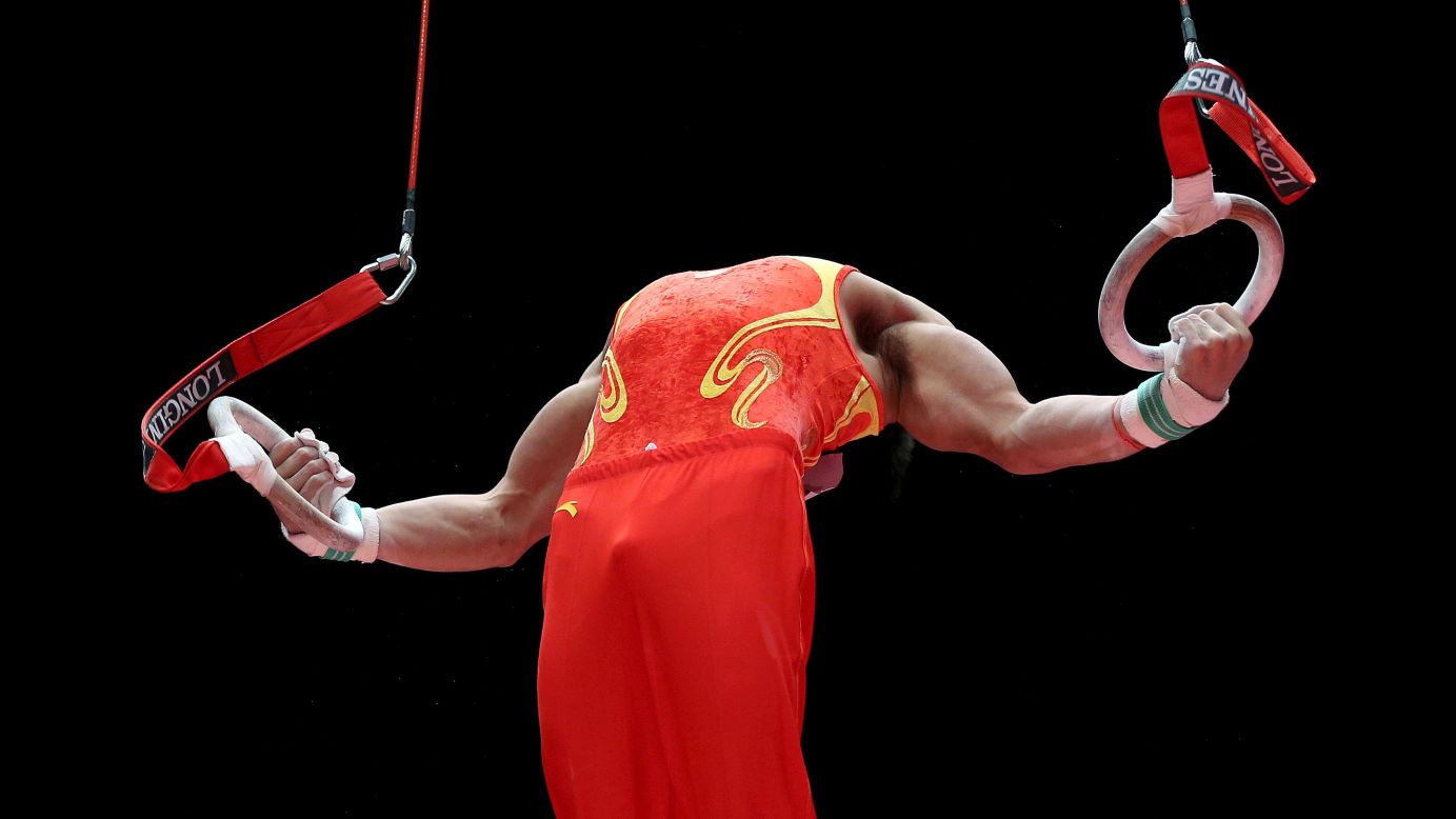 Chinese gymnast Liu Yang performs his rings exercise during the World Gymnastics Championships on Saturday, October 31. He won bronze in the event. 