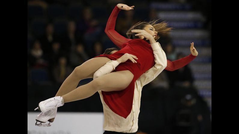 Danish ice dancers Laurence Fournier Beaudry and Nikolaj Sorensen perform Saturday, October 31, during Skate Canada International, a Grand Prix event in Lethbridge, Alberta.