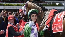 Prince Of Penzance jockey Michelle Payne celebrates after winning the Melbourne Cup at the Flemington Racecourse in Melbourne, Australia, on Tuesday, November 3. She is the first woman to win the race.
