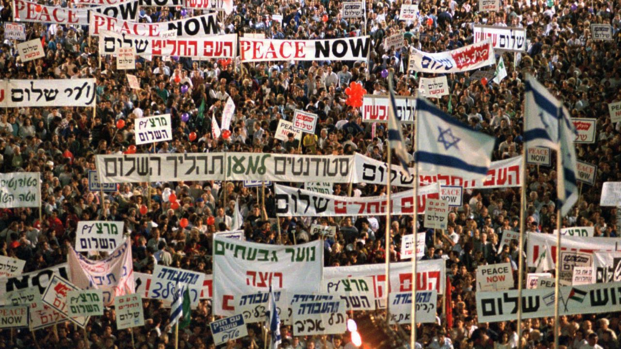 More than 100,000 Israelis crowded Tel Aviv's municipal square on November 4, 1995, in a show of support for the government's peacemaking policies.