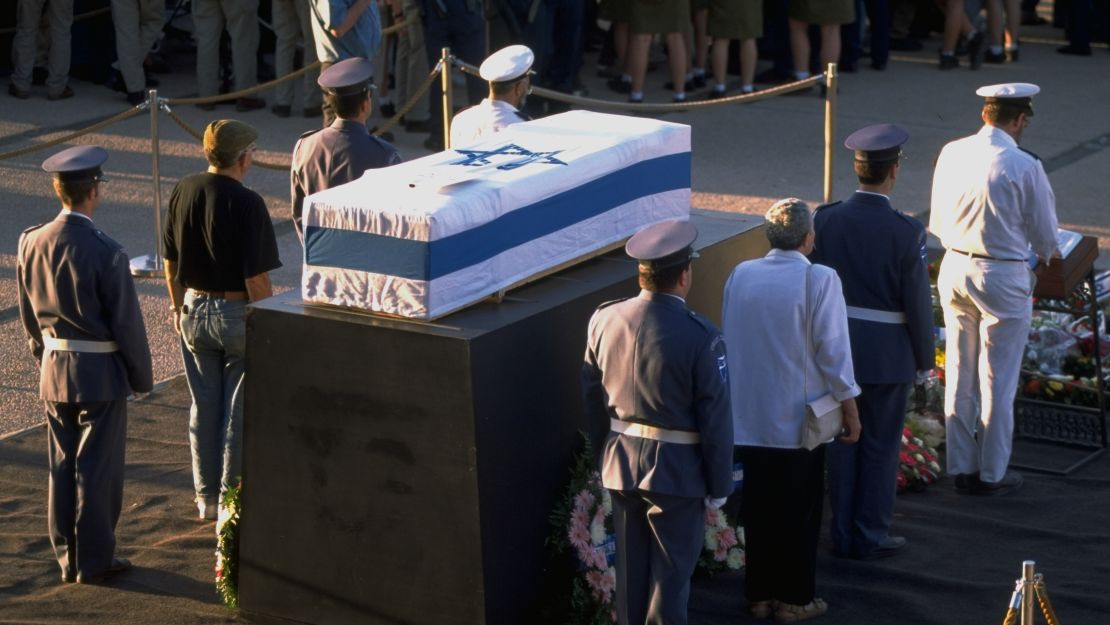 Rabin's flag-draped coffin lies in state outside the Knesset on November 5, 1995.