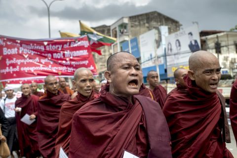 Buddhist monks demonstrate against the U.N. and the return of Rohingya Muslims May 27, 2015 in Yangon.