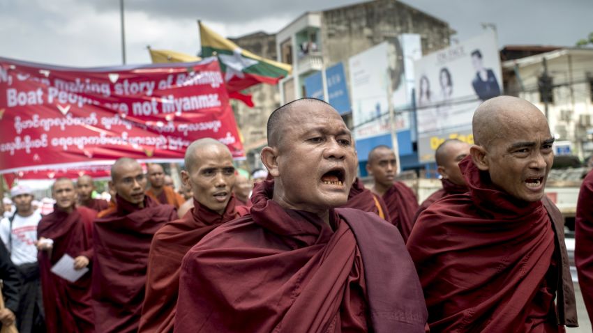 YANGON, BURMA - MAY 27: Buddhist monks demonstrate against the UN and the return of Rohingya Muslims May 27, 2015 in Yangon, Burma. Radical Buddhist nationalists protest the international pressure on Myanmar to accept the repatriation of persecuted Rohingya boat refugees. (Photo by Jonas Gratzer/Getty Images)