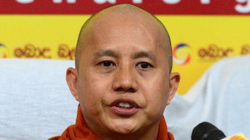 Myanmar Buddhist monk Ashin Wirathu addresses a press conference in Colombo on September 30, 2014. A controversial Buddhist cleric from Myanmar announced September 28 he is linking up with hardline monks in Sri Lanka, alleging that their religion is under threat from Islamic jihadists. AFP PHOTO / LAKRUWAN WANNIARACHCHI        (Photo credit should read LAKRUWAN WANNIARACHCHI/AFP/Getty Images)