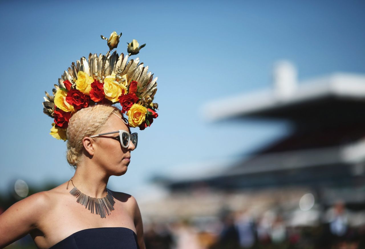 A spectator sports an intricate headpiece on Melbourne Cup Day on November 3, 2015 in Melbourne, Australia. Race 7 is the one they've all come to see -- a famous race that has been run since 1861. Off the track, racegoers compete for the most creative headwear.  