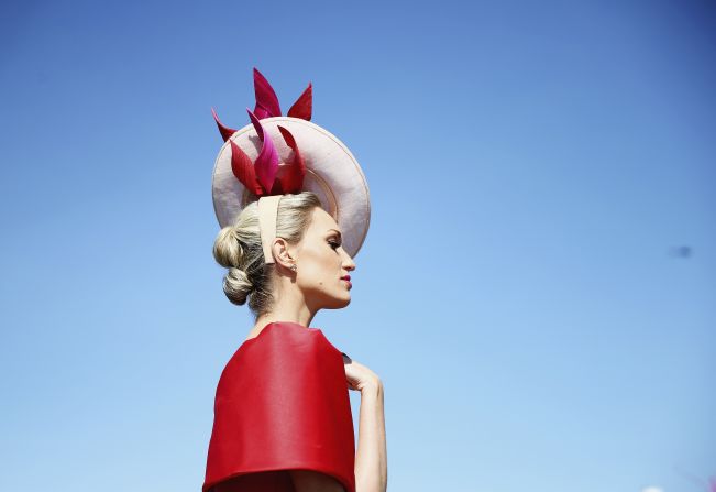 A graceful racegoer arrives on Melbourne Cup Day on November 3.