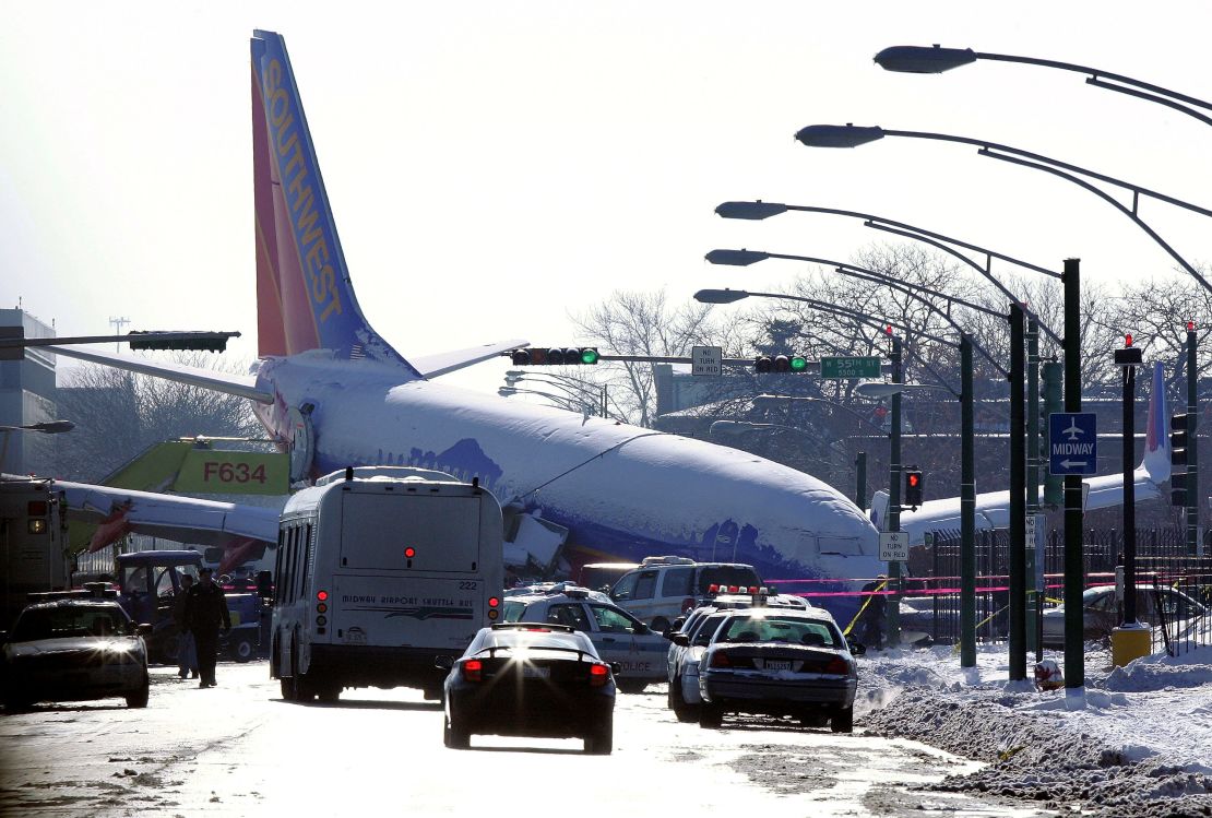 While attempting to land in a snowstorm, this Southwest Airlines jet skidded off the runway in Chicago Midway International Airport and crashed into a line of cars, killing a toddler. 