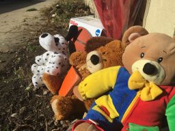 Mourners placed stuffed animals and a basketball in the alley where 9-year-old Tyshawn Lee was shot to death.