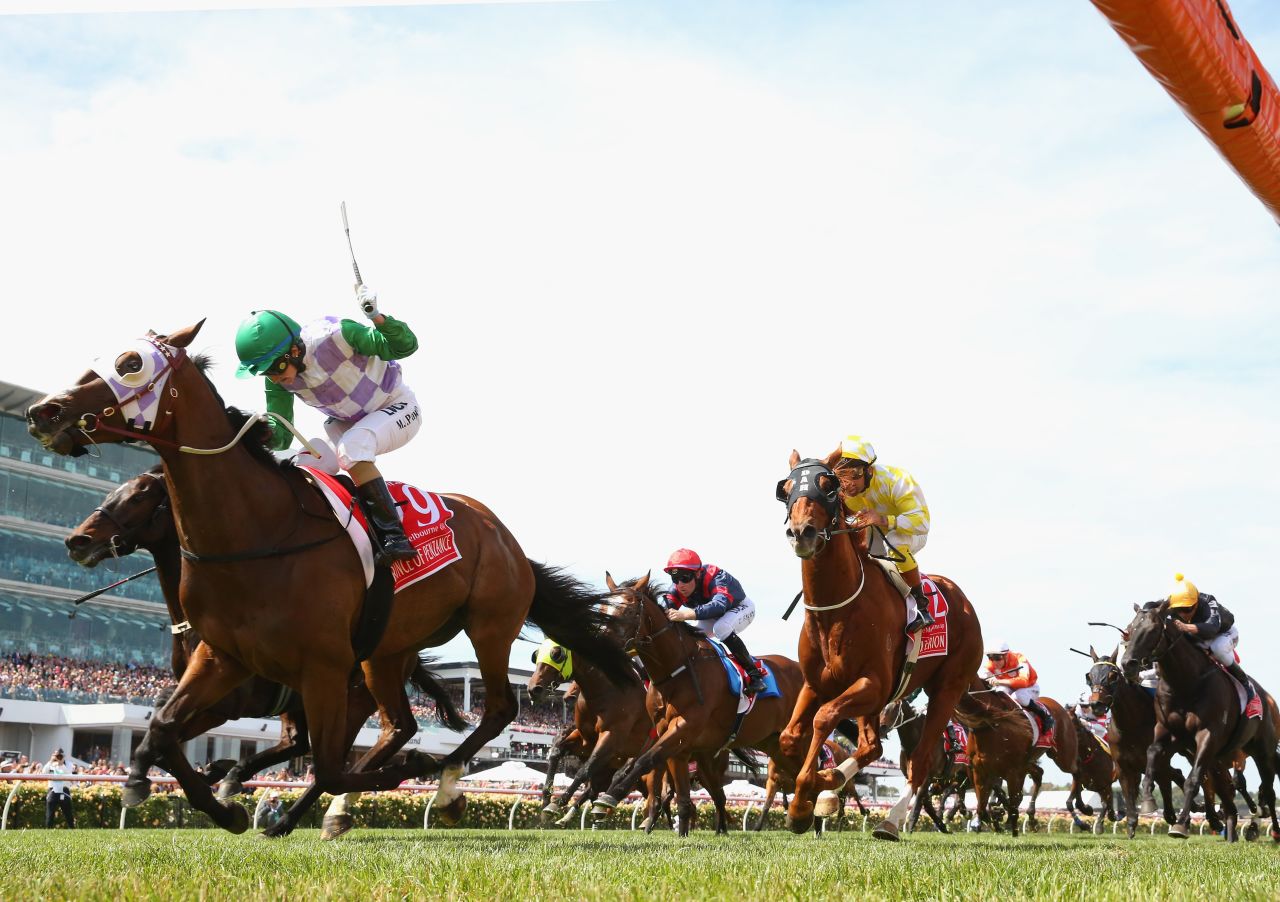 Michelle Payne rides Prince of Penzance to win Race 7 on Melbourne Cup Day on November 3. Pirates of Penzance was considered an outsider before the race, but came from behind to take the trophy. French-bred horse Max Dynamite came second and New Zealand's Criterion came third.
