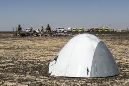 Egyptian army soldiers guard the nosecone from crashed Metrojet Flight 9268 in Egypt's Sinai peninsula November 1.