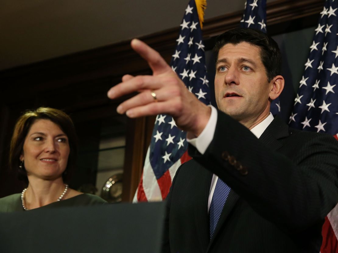 House Speaker Paul Ryan speaks to the media while flanked by Rep. Cathy McMorris Rodgers, a Washington Republican, after meeting with House Republicans on Capitol Hill in November 2015. 