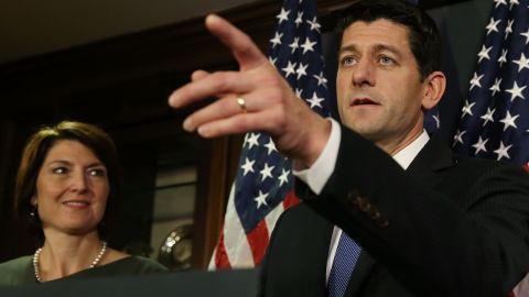 House Speaker Paul Ryan speaks to the media while flanked by Rep. Cathy McMorris Rodgers, a Washington Republican, after meeting with House Republicans on Capitol Hill in November 2015.