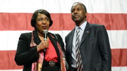 Candy Carson and Republican presidential candidate Ben Carson speak during a campaign rally at the Anaheim Convention Center September 9, 2015 in Anaheim, California.