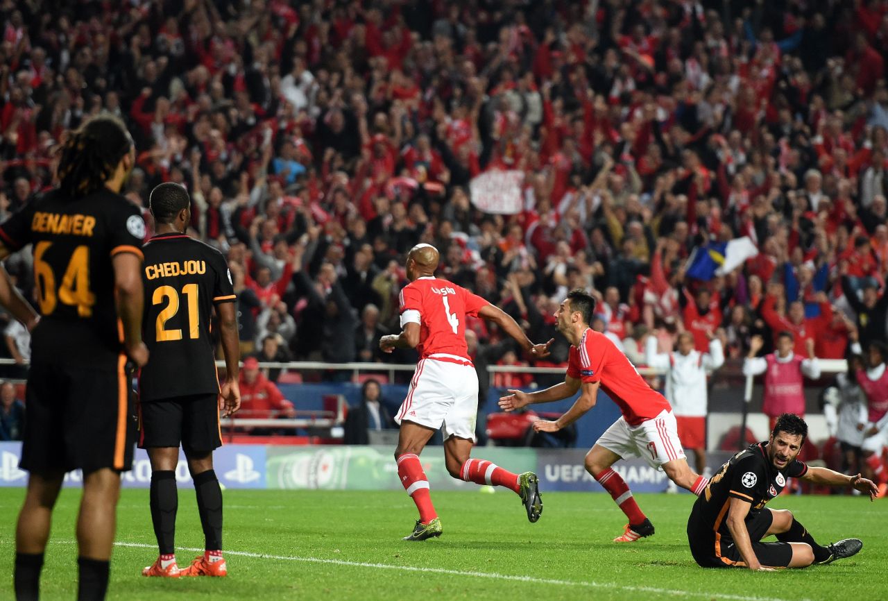 Brazilian defender Luisao (center) scored Benfica's second-half winner in the 2-1 victory over Galatasaray that put the Portuguese team two points clear at the top.
