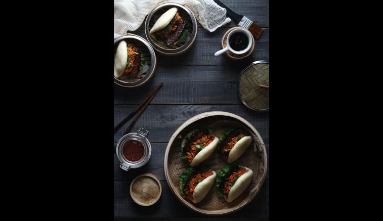 The Taiwanese steamed pork bun trend made its way to Rong's Instagram feed. "The sweetness of the fats along with the spice and acidity from the pickles complement so well together," he says. 