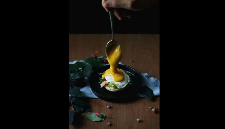 Rong's favorite Instagram creation? This butter-poached shrimp eggs Benedict with salted egg yolk Hollandaise -- a riff on the classic eggs bene recipe. 