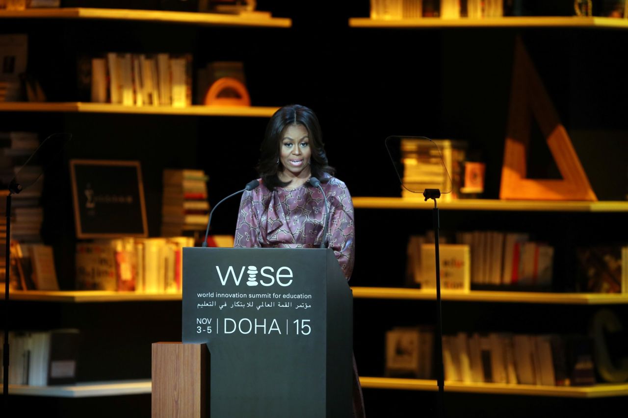 First lady Michelle Obama delivers a speech in Doha, Qatar, during the World Innovation Summit for Education on Wednesday, November 4. Obama will be visiting Qatar and Jordan during her seven-day tour of the Middle East, where she is promoting her girls' education initiative, "Let Girls Learn," as well as the Joining Forces program that helps service members and their families.