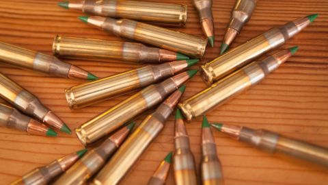 Green tipped armor-piercing 5.56 millimeter ammunition is shown on February 27, 2015 in Chicago, Illinois. The Obama administration has proposed banning the ammunition, which is popular among hunters and target shooters, because it can be used in pistols. Fear of a ban has caused a run on sales. (Photo Illustration by Scott Olson/Getty Images)