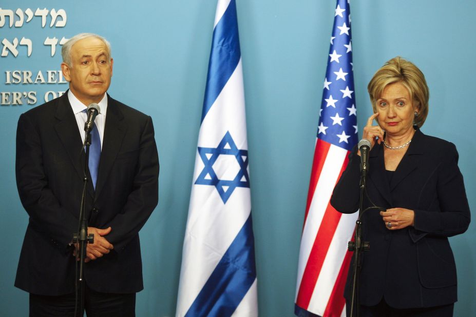 Clinton gestures during a joint news conference with Netanyahu in Jerusalem on October 31, 2009.<br /><br />Clinton hailed Netanyahu's stance on West Bank settlements as "unprecedented."