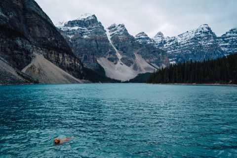 Aspen is never one to shy away from a dip in the water. He recently went to Lake Louise in Alberta, Canada, where this shot was taken.