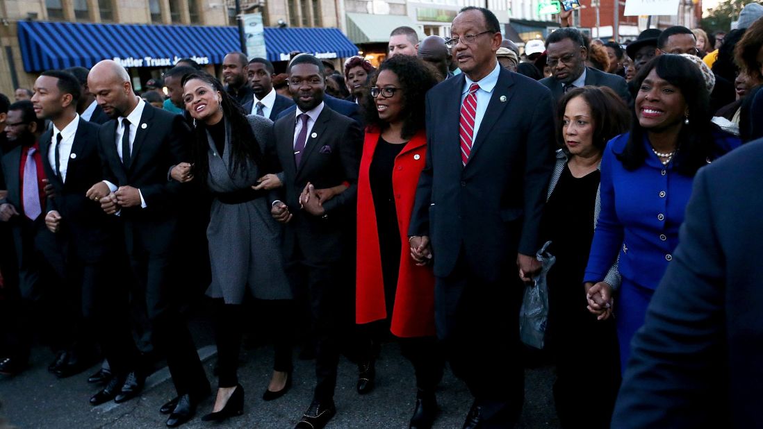 Oprah joined members of the cast of "Selma" to walk down Broad St. towards the Edmund Pettus Bridge on January 18, 2015, in Selma, Alabama. Thousands of participants attended the event in honor of Rev. Martin Luther King Jr., who led nonviolent protestors on a march from Selma to the state capitol in 1955.