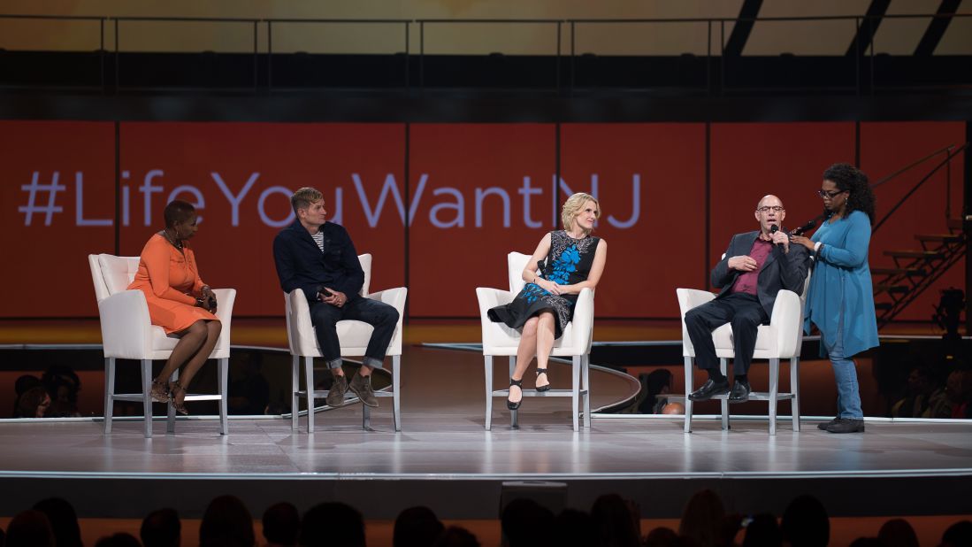 Oprah spent much of 2014 touring the country as host of her "The Life You Want Weekend," public events packed with motivational speakers. Here she appears with Iyanla Vanzant, Rob Bell, Elizabeth Gilbert and Mark Nepo in September 2014 in Newark, New Jersey.