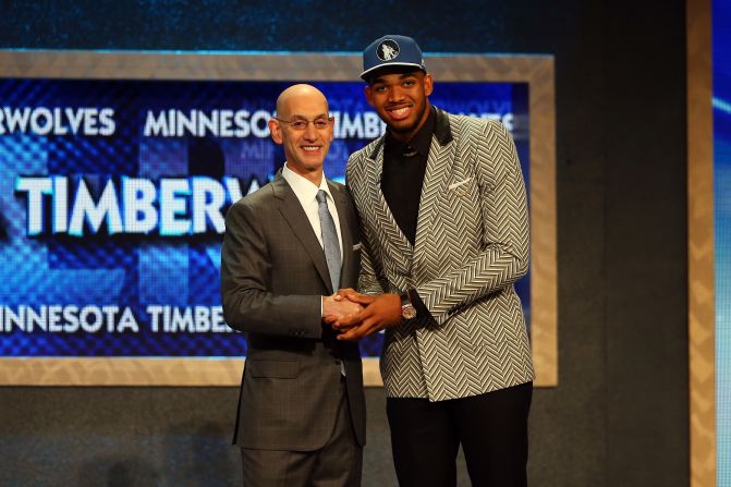 Karl-Anthony Towns (right, with league commissioner Adam Silver) requested a one-of-a-kind outfit to wear to the 2015 NBA Draft. 