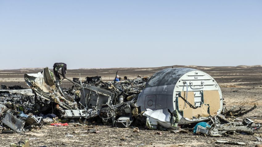 Debris belonging to the A321 Russian airliner are seen at the site of the crash in Wadi al-Zolomat, a mountainous area in Egypt's Sinai Peninsula on November 1, 2015. International investigators began probing why a Russian airliner carrying 224 people crashed in Egypt's Sinai Peninsula, killing everyone on board, as rescue workers widened their search for missing victims. AFP PHOTO / KHALED DESOUKI        (Photo credit should read KHALED DESOUKI/AFP/Getty Images)