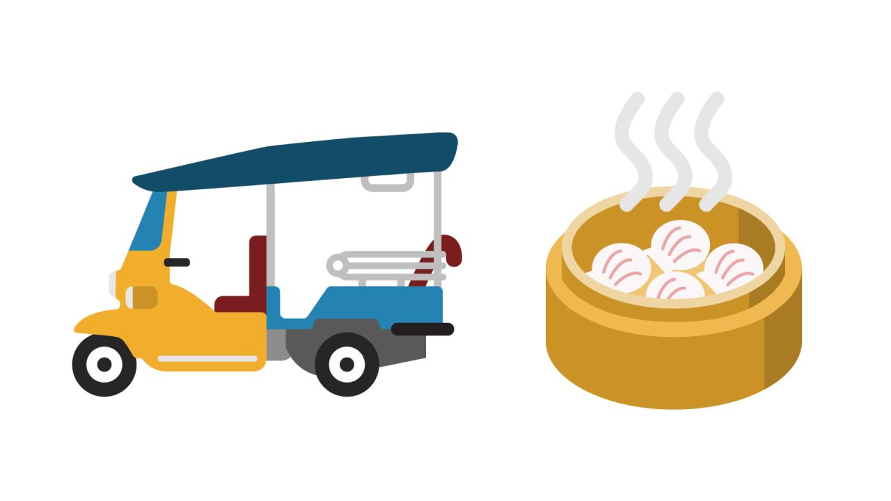 A classically cool tuk tuk taxi is our suggestion for Thailand, while a steaming bamboo basket of mouthwatering har gow shrimp dumplings dim sum represents Hong Kong.