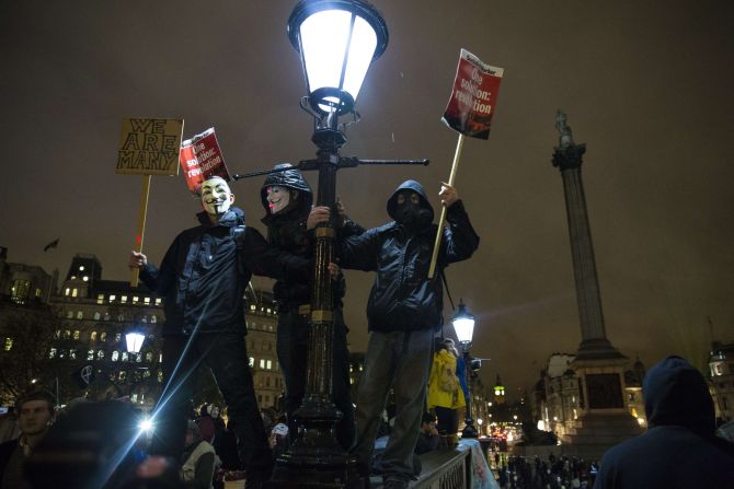 The Million Mask March moved through central London past many of the British capital's landmarks.