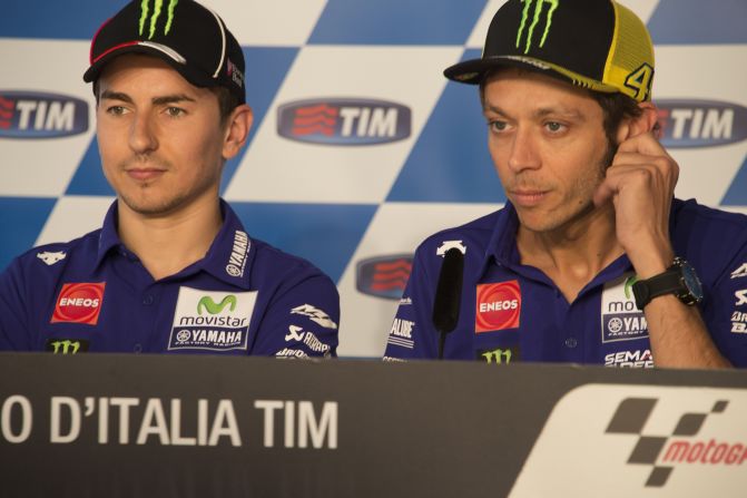 Champions elect: Either Valentino Rossi (right) or Jorge Lorenzo will be crowned the 2015 MotoGP champion in Valencia on Sunday.