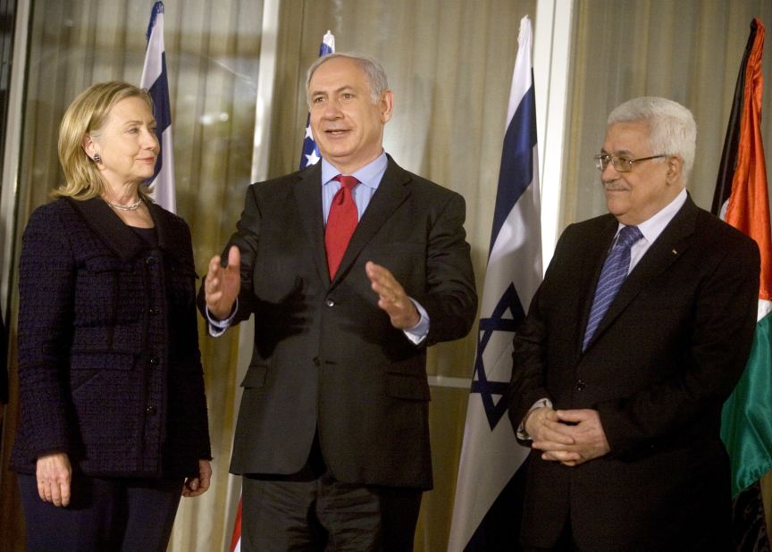 Clinton, Netanyahu and Palestinian President Mahmoud Abbas meet at Netanyahu's residence in Jerusalem on September 15, 2010. <br /><br />Netanyahu and Abbas were deadlocked in peace negotiations over Israeli settlement building.